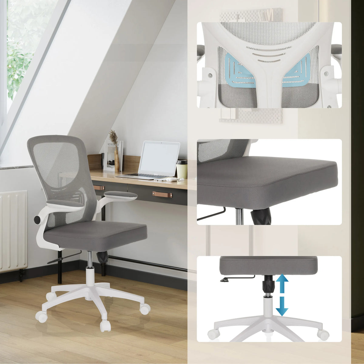 Siège de bureau à domicile BELIO W en gris avec dossier en maille, assise grise et vérin à gaz réglable en hauteur de hjh OFFICE