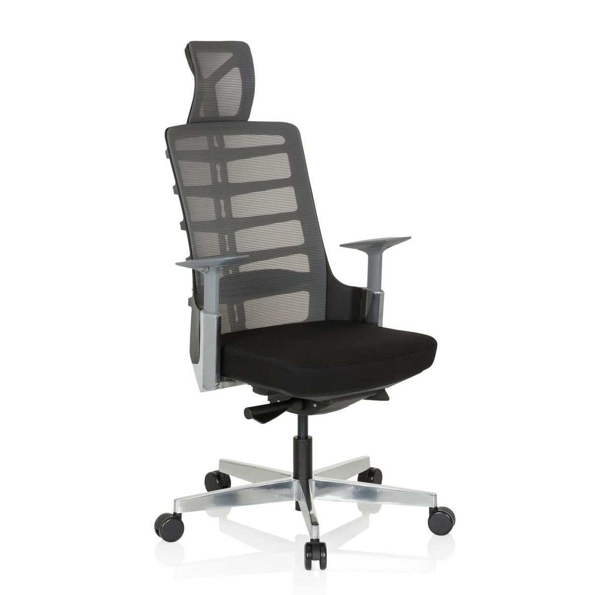 Siège de bureau haut de gamme SKARIF noir et gris avec dossier en maille et piètement à cinq roulettes de hjh OFFICE – vue à 360° (vue de trois quarts avant 40°)