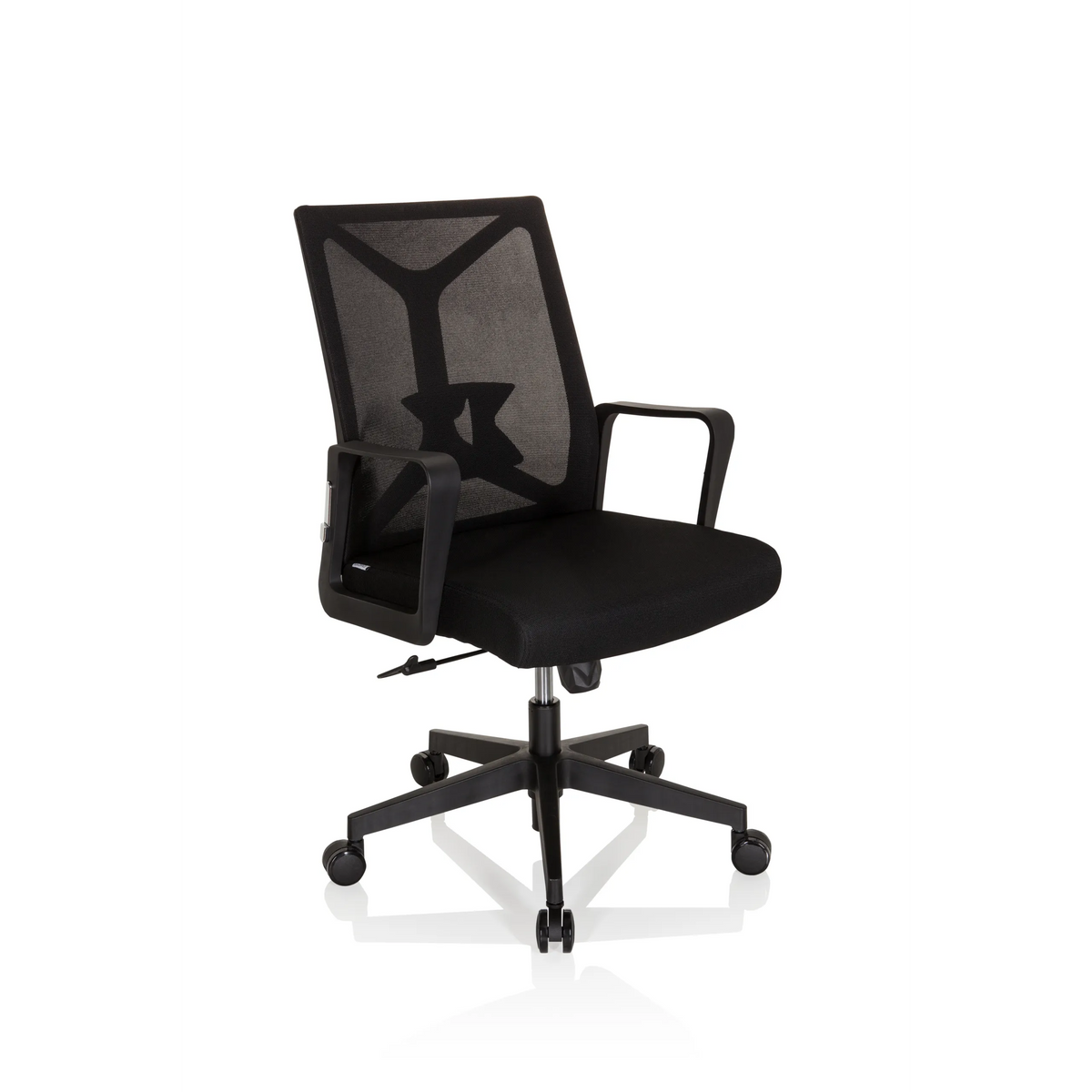 Siège de bureau à domicile ENCO noir avec dossier en maille et base à cinq roulettes de hjh OFFICE – vue à 360° (vue de trois quarts avant 40°)