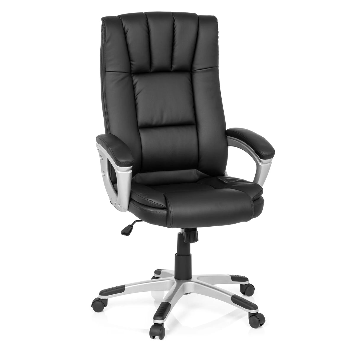 Siège de bureau à domicile RELAX CL150 noir avec revêtement matelassé et base à cinq roulettes de MyBuero – vue à 360° (vue de face 20°)