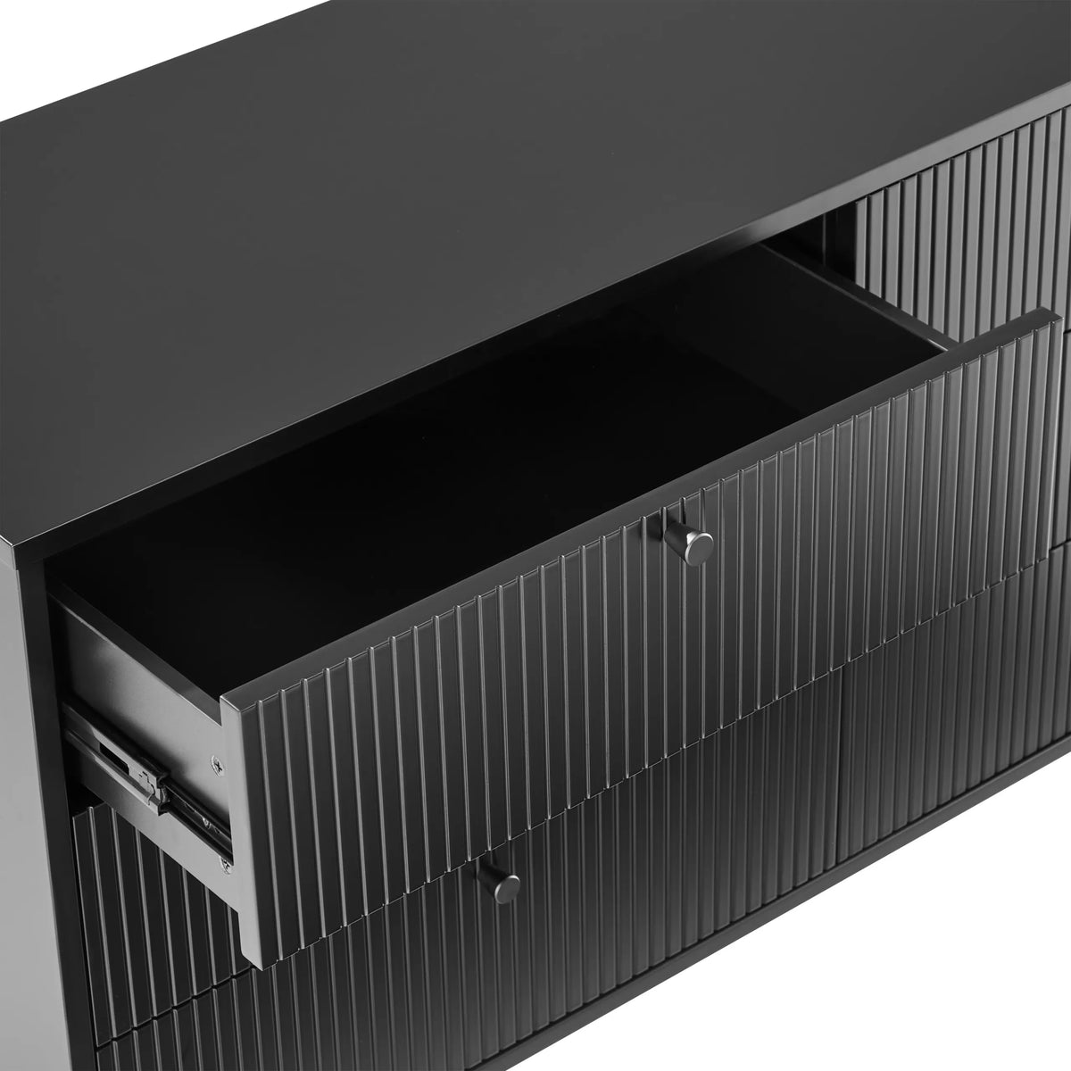 Tiroir ouvert du Buffet KARBY S en noir avec façade cannelée de hjh LIVING