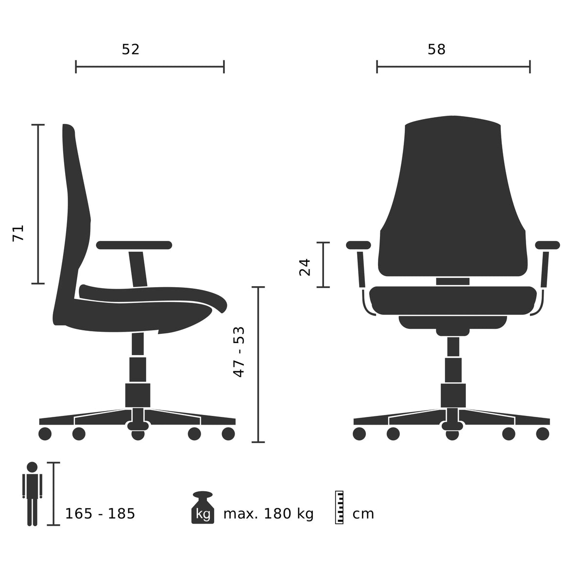 Dessin technique du Siège pivotant RELAX XXL B d'une hauteur totale de 71 cm de hjh OFFICE