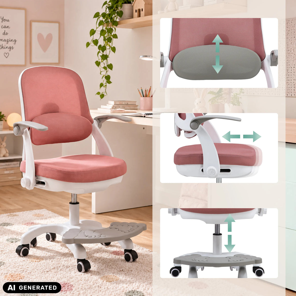 Dossier, accoudoir et hauteur d'assise réglables de la chaise pivotante pour des enfants Kiddy Smart Step de hjh OFFICE (image générée par IA)