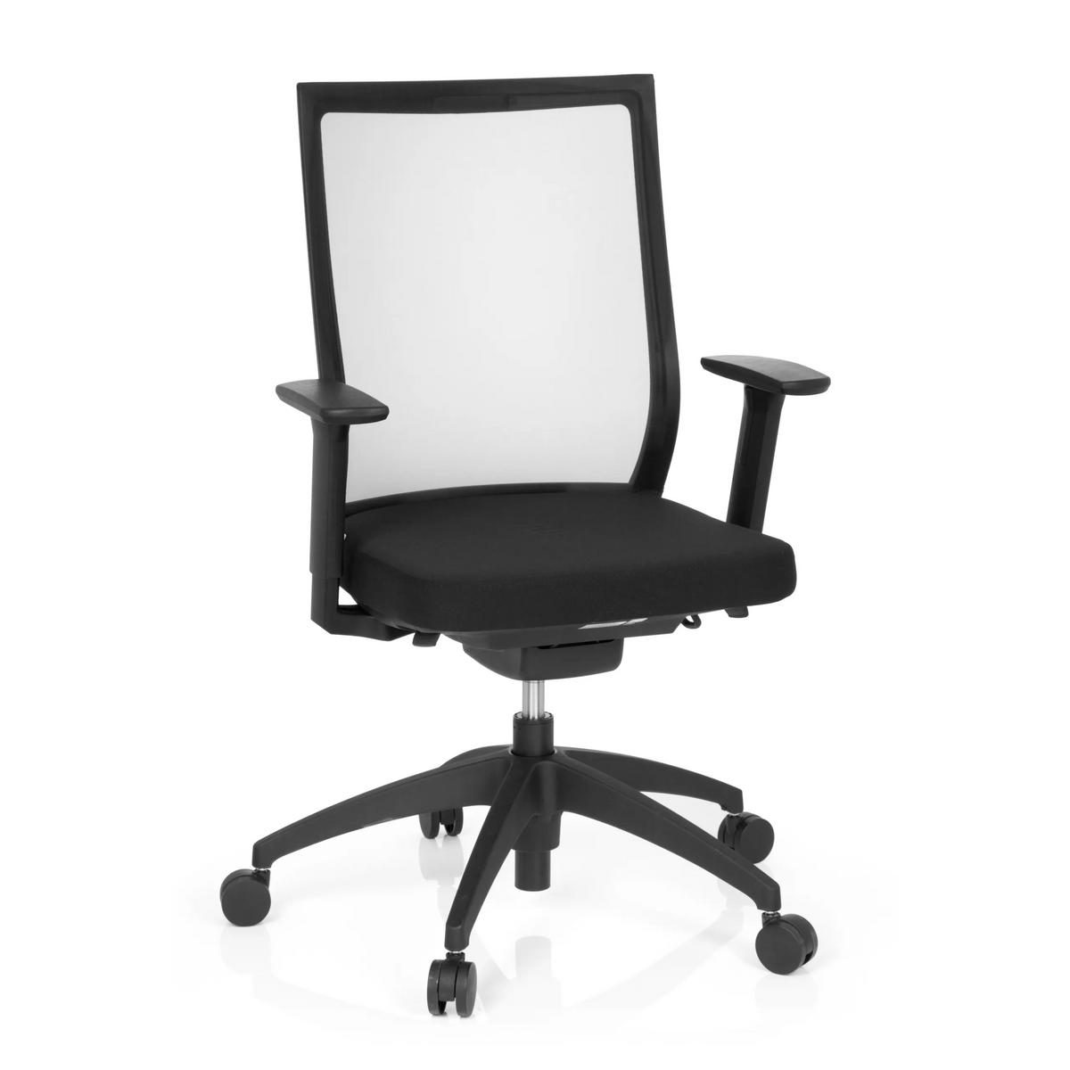 Siège de bureau de qualité professionnelle ASPEN noir avec dossier en maille et piètement à cinq roulettes de hjh OFFICE – vue à 360° (vue de face 20°)