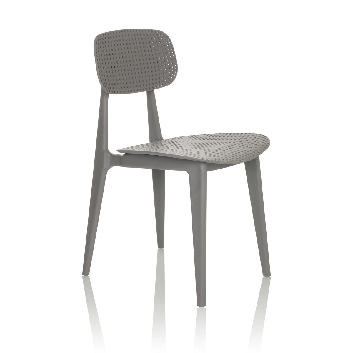 Chaise d'extérieur grise ARTIFO HOL avec dossier et assise perforés de hjh OFFICE – vue à 360° (vue de trois quarts avant 45°)