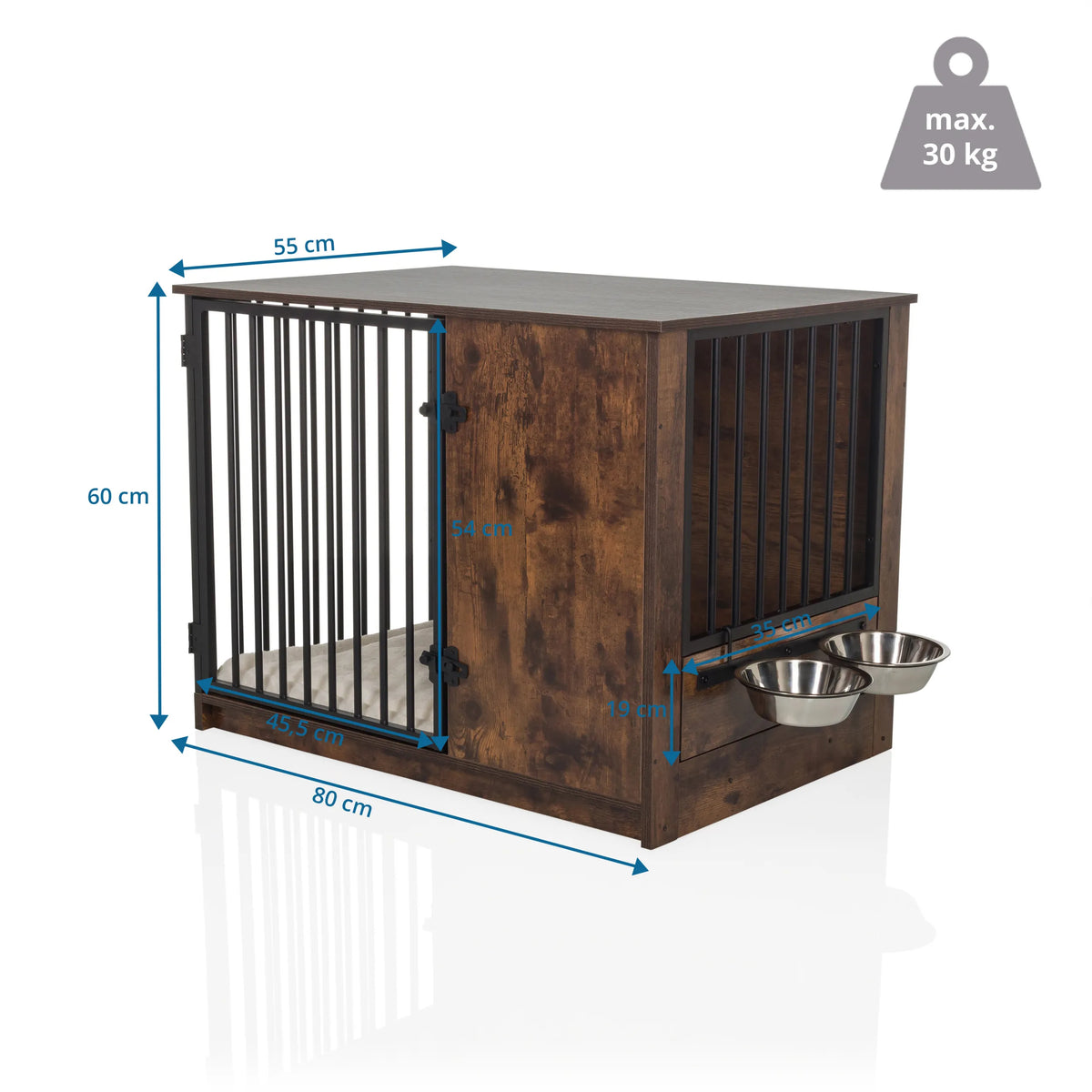 Dessin coté de la niche pour chien PAWHOME S en marron, 80 × 55 cm avec deux gamelles de hjh LIVING