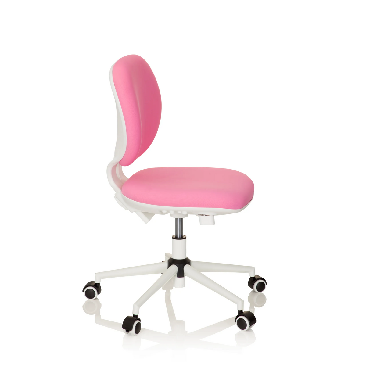 Chaise pivotante pour des enfants KID VIVO rose avec pied en étoile blanc et cinq roulettes de hjh OFFICE – vue à 360° (vue de profil 80°)