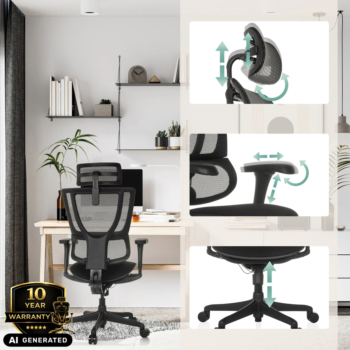 Siège de direction de luxe ERGOHUMAN SLIM ECO F GEN2 avec appuie-tête et accoudoirs réglables de hjh OFFICE (image générée par IA)