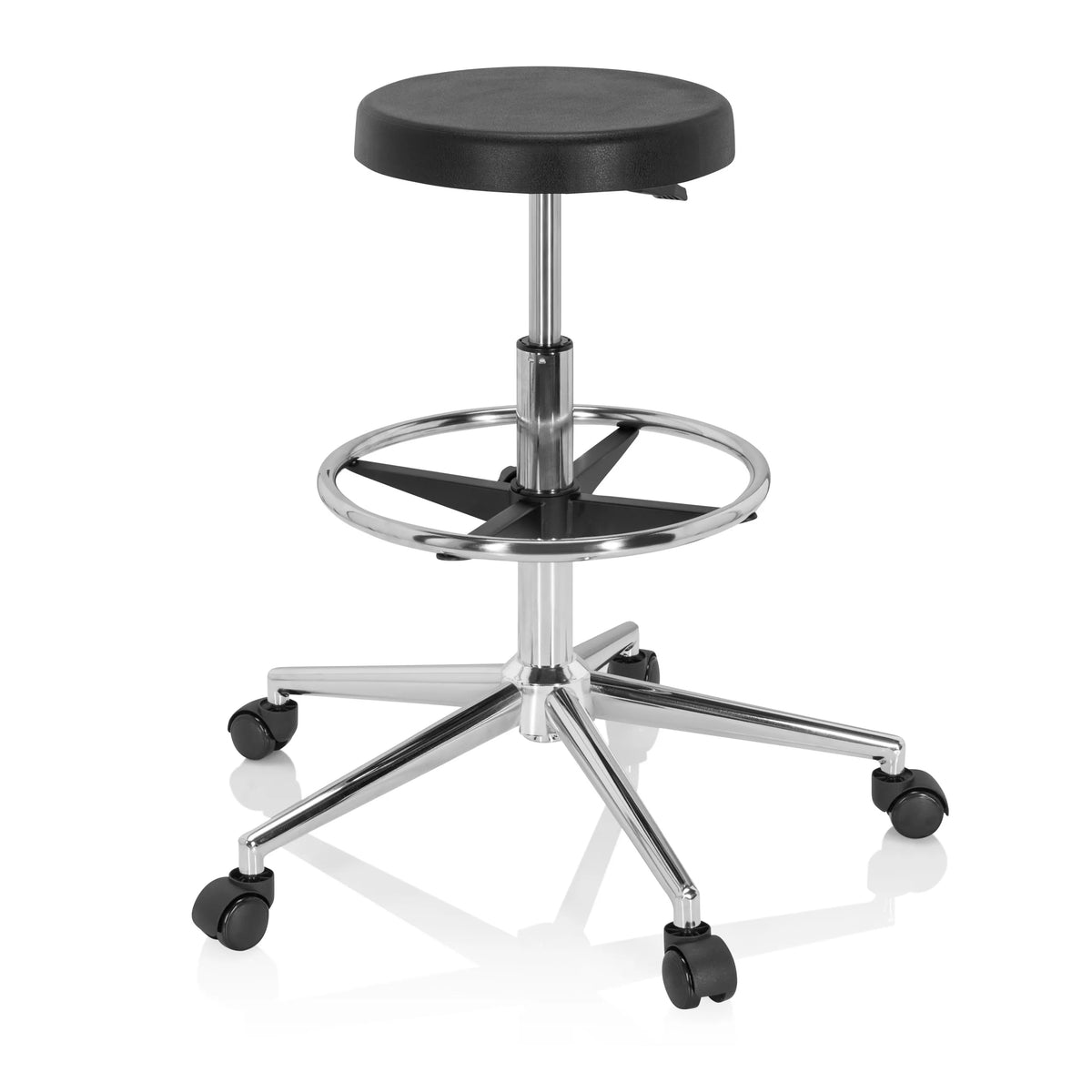 Tabouret pivotant noir TOP WORK 14 I avec repose-pieds et base à cinq roulettes de hjh OFFICE – vue à 360° (vue de face 20°)