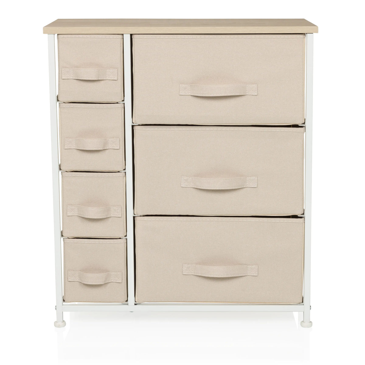 Commode beige FOLDRESS B avec sept tiroirs en tissu et structure blanche de hjh LIVING – vue à 360° (vue de face 0°)