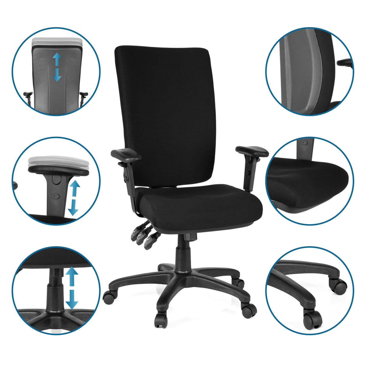 Siège de bureau de qualité professionnelle ZENIT HIGH noir avec vues détaillées des options de réglage de hjh OFFICE