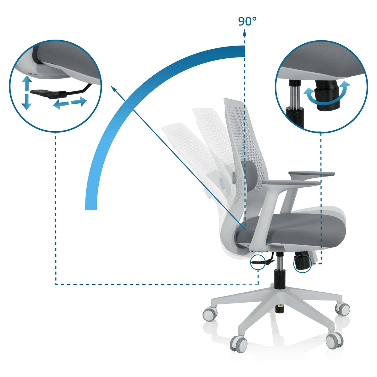 Mécanismes de réglage du siège de bureau à domicile PARFERIO W avec inclinaison à 90 degrés et réglage de la hauteur de hjh OFFICE