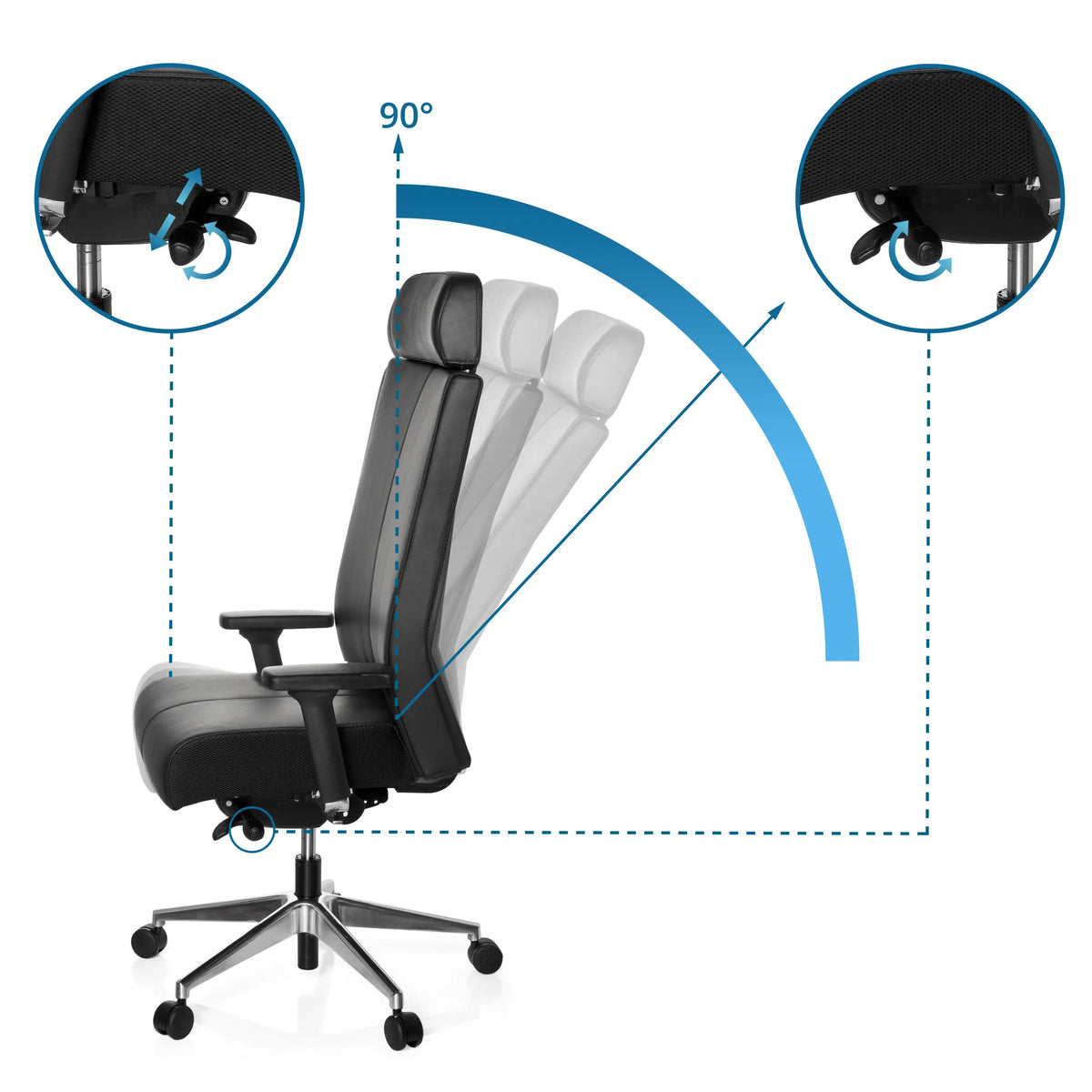 Dossier réglable jusqu'à 90° du Siège de bureau de qualité professionnelle PRO-TEC XXL en noir de hjh OFFICE