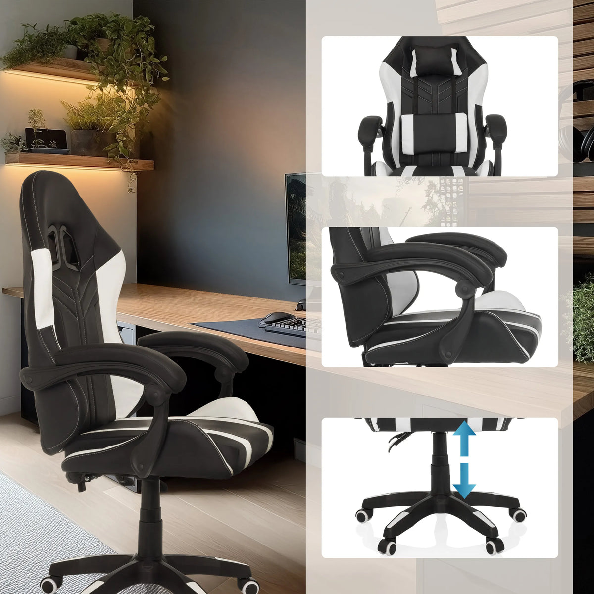 Fauteuil Gamer GAMEBREAKER W02 en noir et blanc avec accoudoirs réglables et vérin à gaz de MyBuero