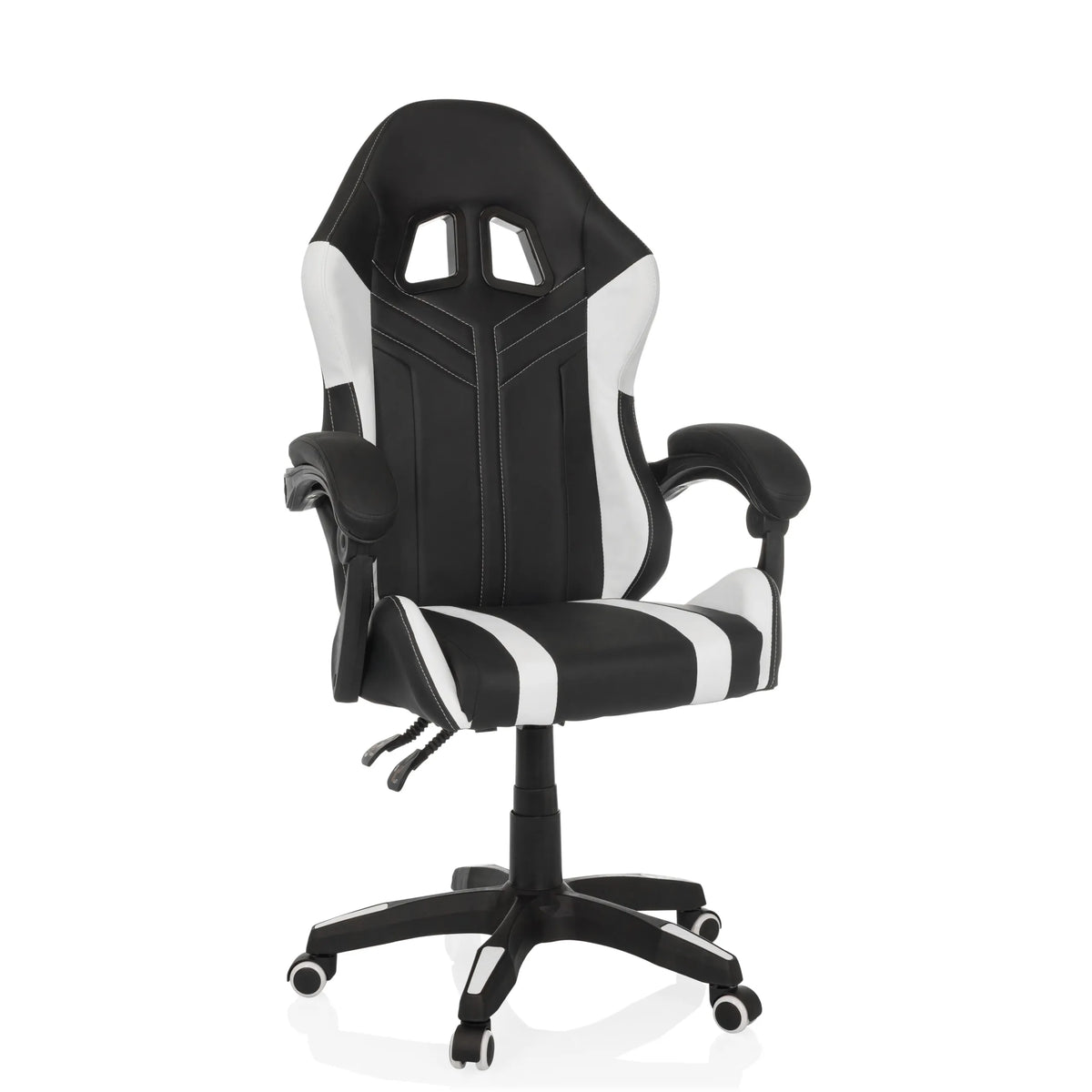 Fauteuil Gamer GAMEBREAKER W02 noir et blanc avec pied à cinq roulettes de MyBuero – vue à 360° (vue de trois quarts avant 30°)