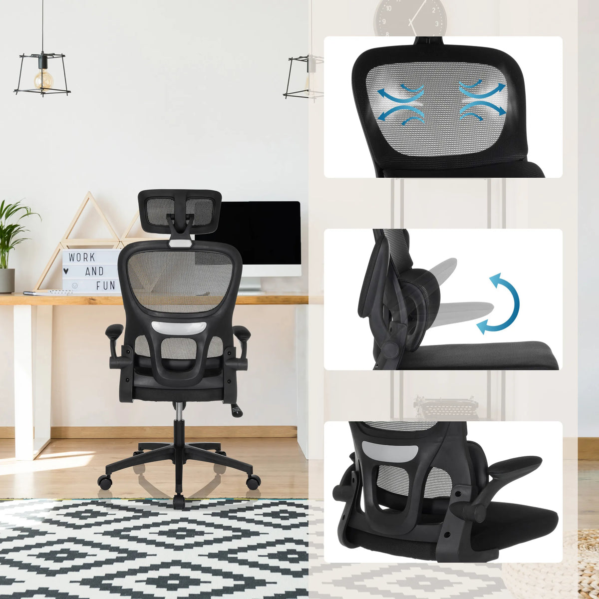 Siège de bureau à domicile ERGOMY FLEX en noir avec dossier en maille respirante et assise réglable de MyBuero