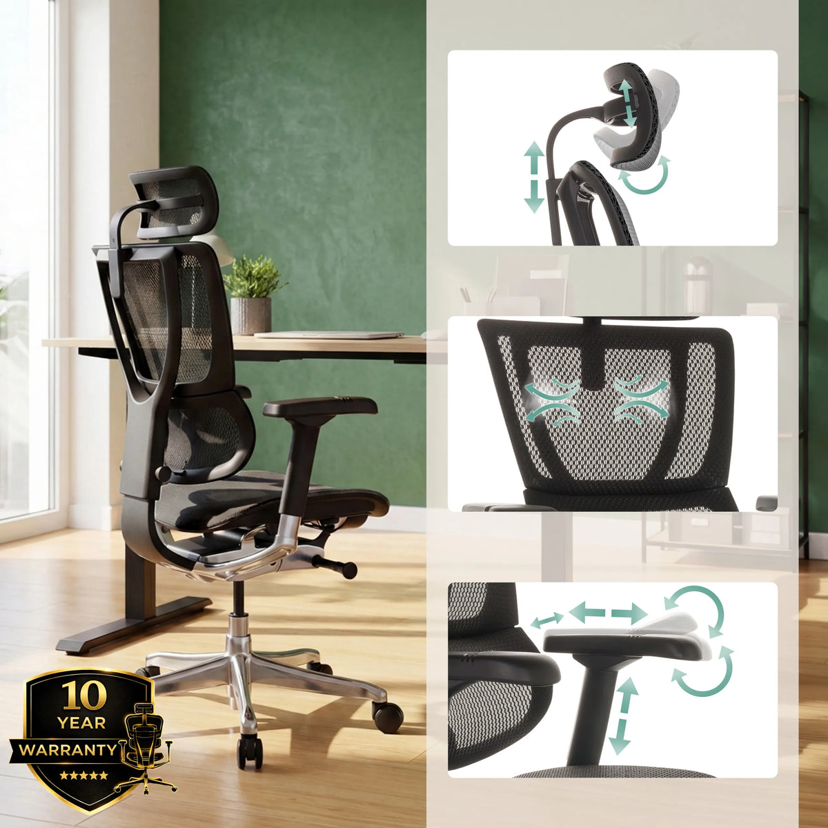 Siège de direction de luxe ERGOHUMAN SLIM GEN2 avec appuie-tête et accoudoirs réglables de hjh OFFICE (image générée par IA)
