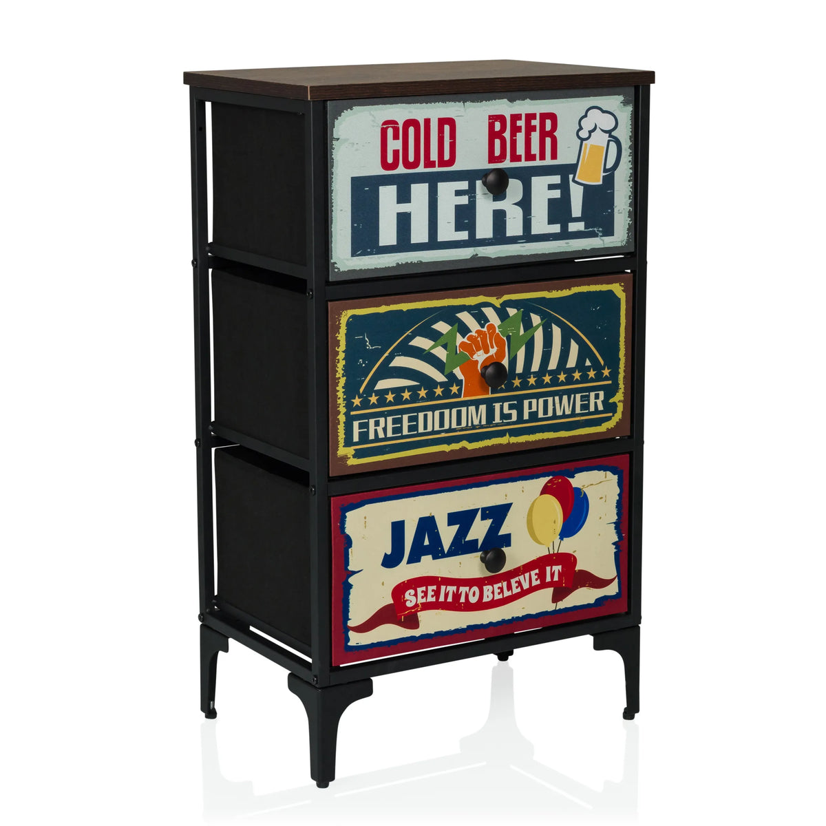 Commode AMERIKO S avec trois tiroirs à motifs au look vintage et structure noire de hjh LIVING – vue à 360° (vue de trois quarts avant 30°)