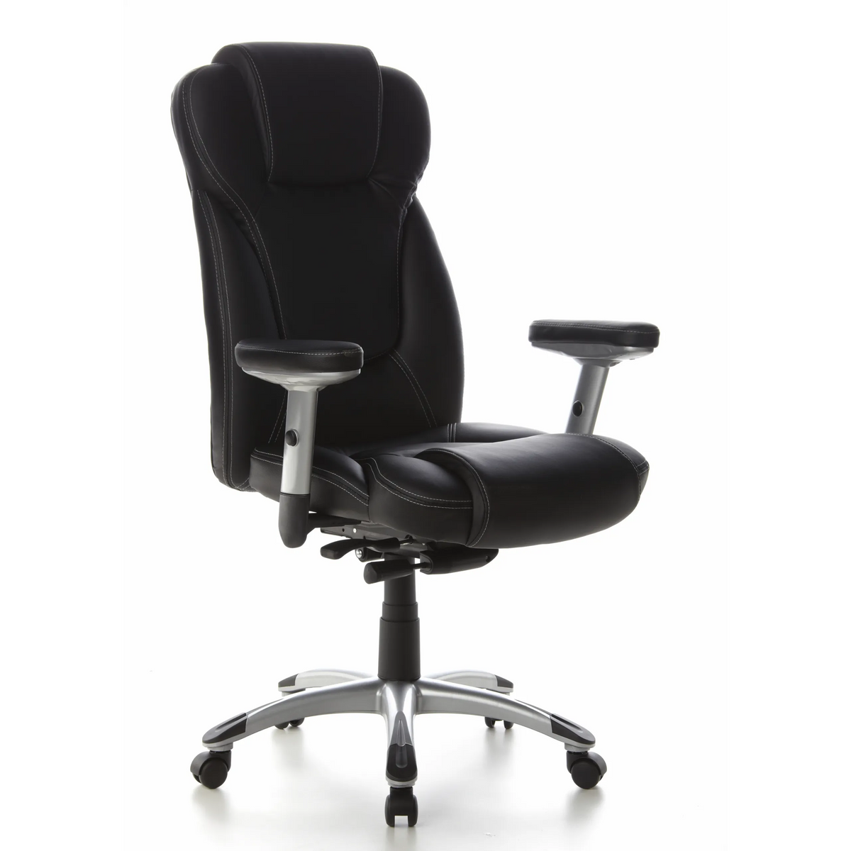 Siège de direction professionnelle EMBASSY 200 L noir avec accoudoirs et base argentée à cinq roulettes de hjh OFFICE – vue à 360° (vue de trois quarts avant 40°)