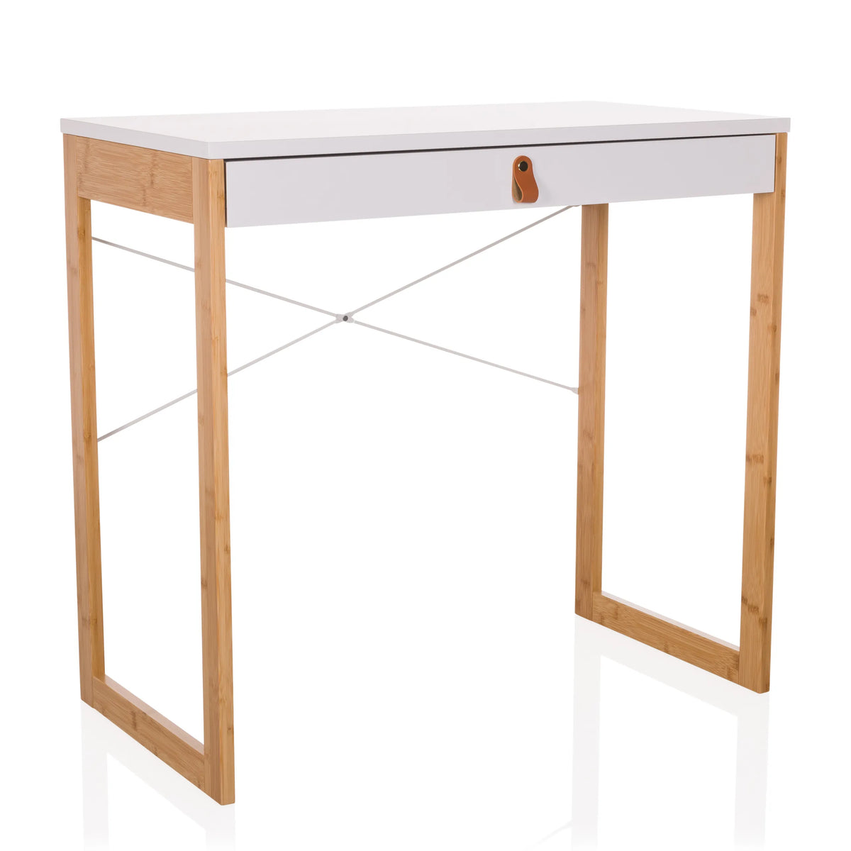 Bureau blanc TAROLO II avec un tiroir, poignée en cuir marron et pieds en bois de hjh LIVING – vue à 360° (vue de trois quarts avant 30°)