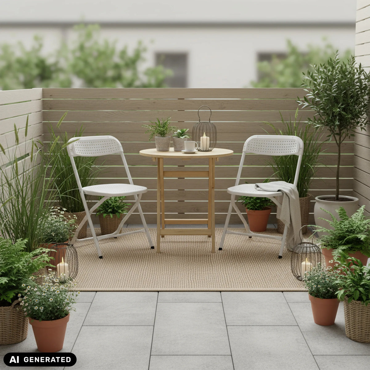 Deux chaises d'extérieur blanches TUDELA XXL PRO W à une table ronde en bois sur une terrasse de hjh OFFICE (image générée par IA)
