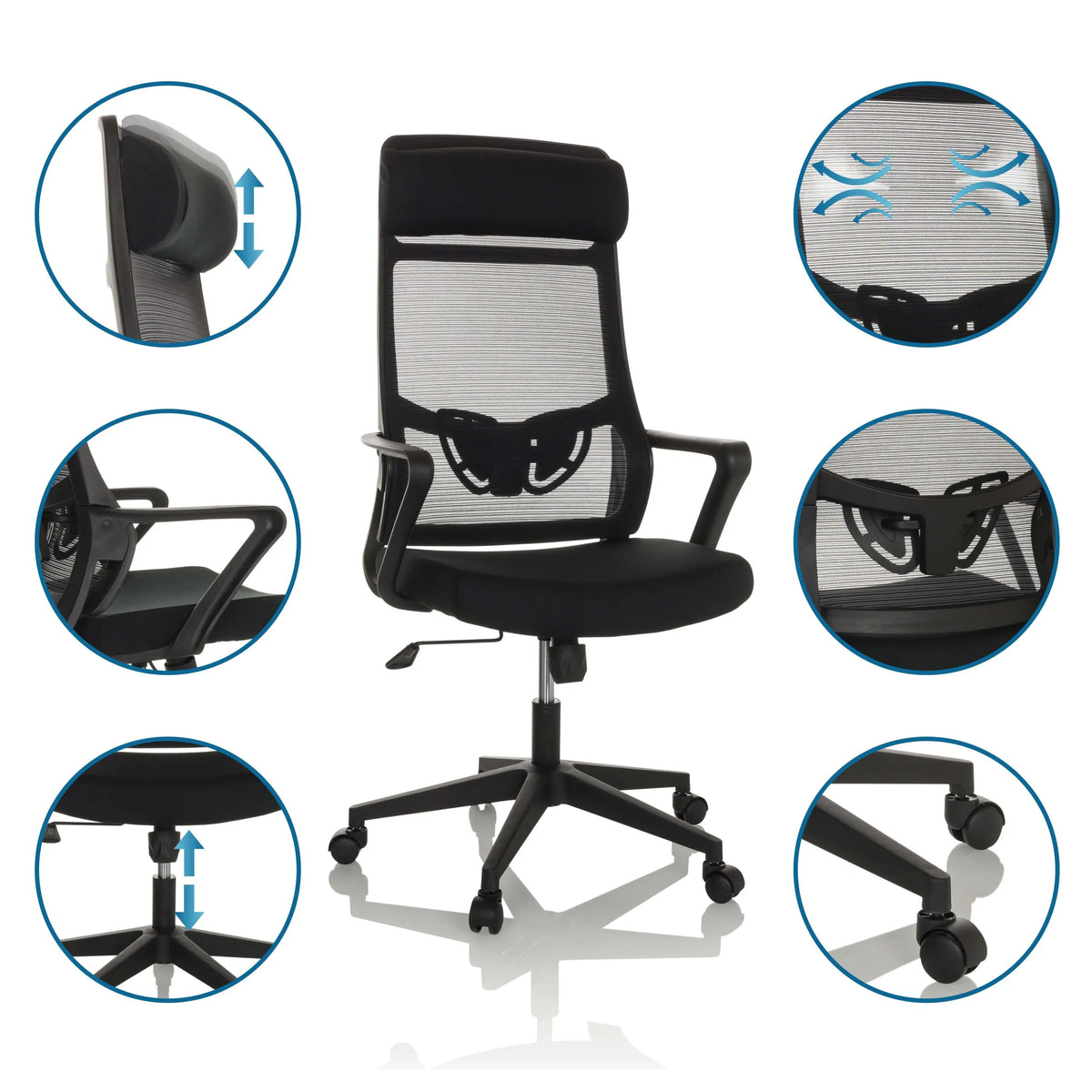 Siège de bureau à domicile NEKEO en noir avec détails réglables et roulettes de hjh OFFICE