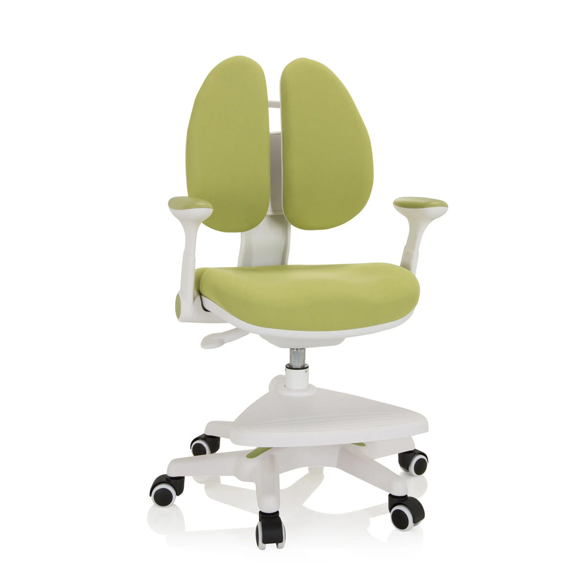 Chaise pour enfants KID WING verte avec dossier divisé et piètement blanc à cinq roulettes de hjh OFFICE – vue à 360° (vue de face 20°)