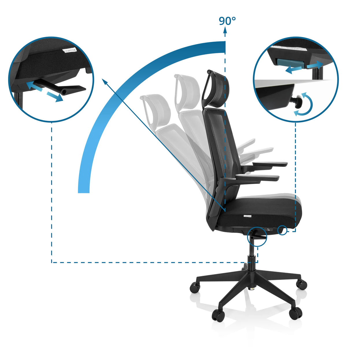 Dossier réglable du siège de bureau de qualité professionnelle ARCEO B avec un angle d'inclinaison jusqu'à 90° de hjh OFFICE