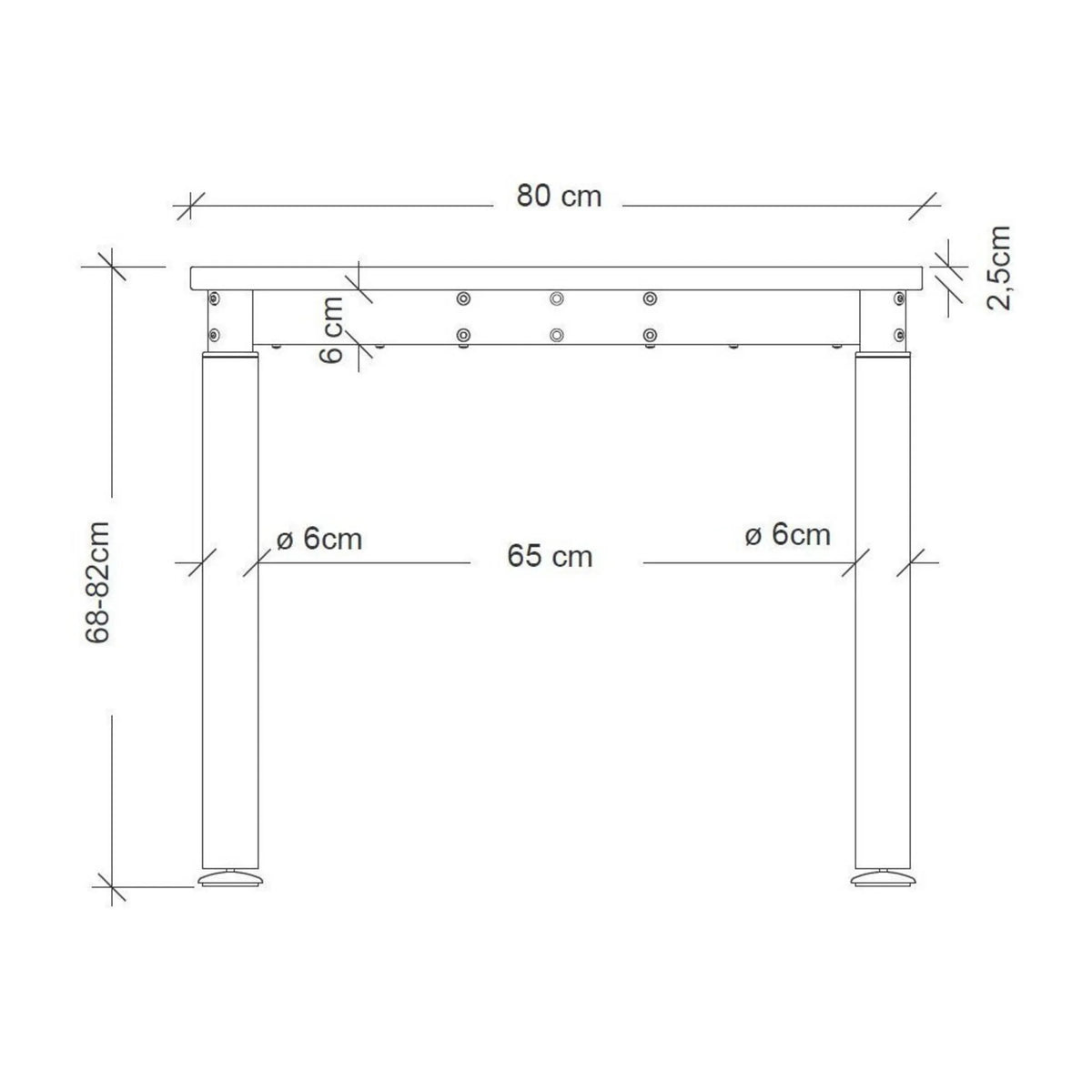 Maßzeichnung des höhenverstellbaren Schreibtisches YAMA 12 S mit einer Tiefe von 80 cm von hjh OFFICE PRO