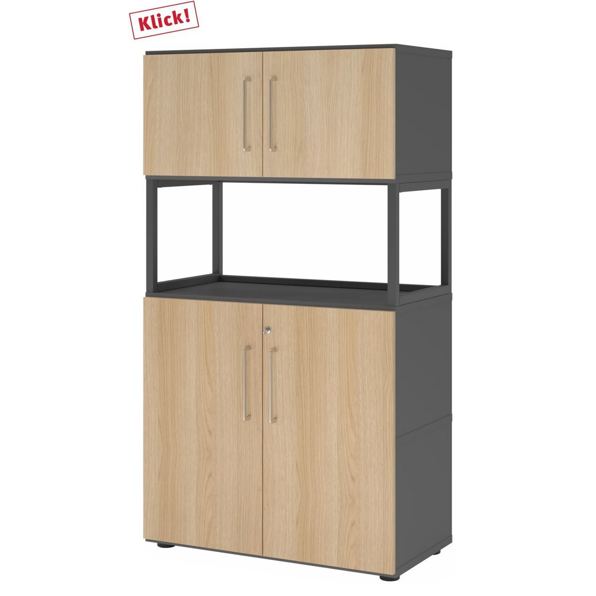 Armoire de bureau FlexWall en graphite et chêne avec deux sections de portes et une étagère centrale ouverte de hjh OFFICE PRO