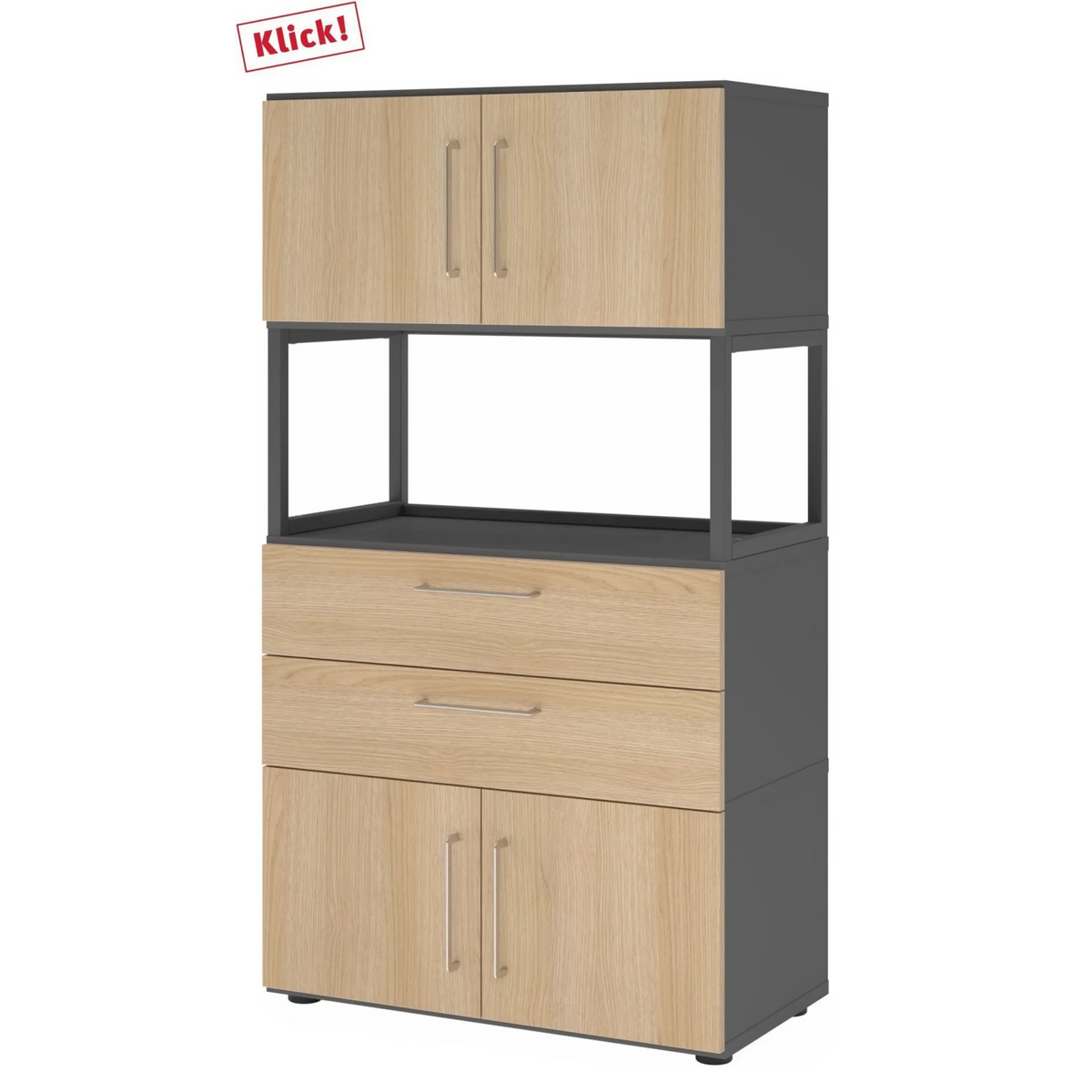 Armoire de bureau FlexWall en graphite et chêne avec deux portes, deux tiroirs et une étagère ouverte de hjh OFFICE PRO