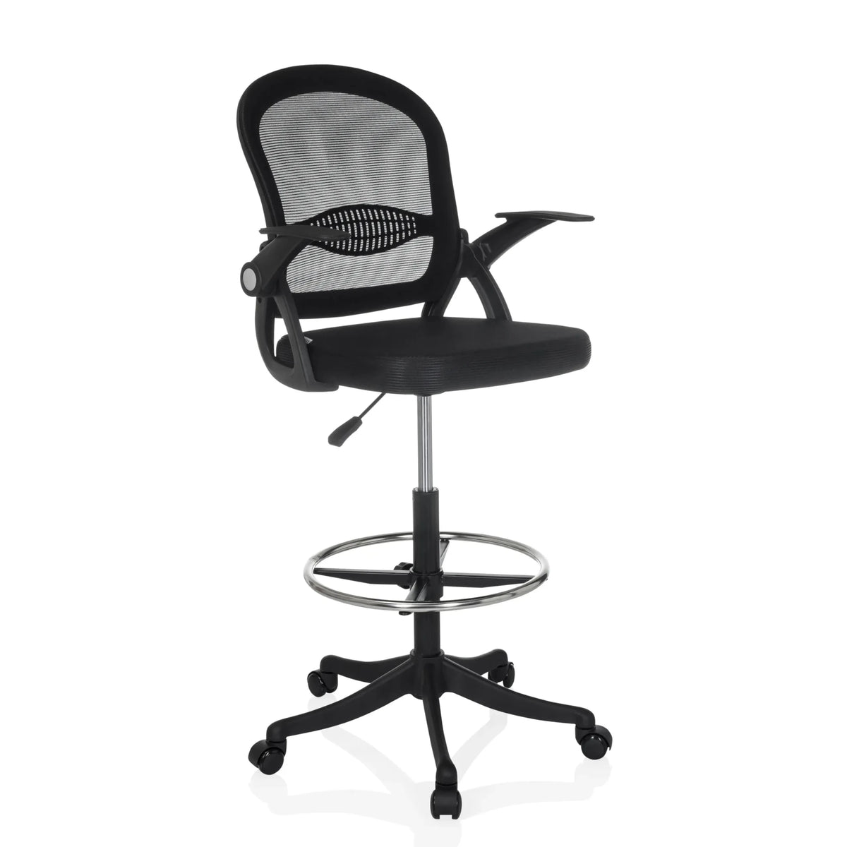 Chaise de comptoir Naluro Work noire avec dossier en maille, repose-pieds et roulettes de hjh OFFICE