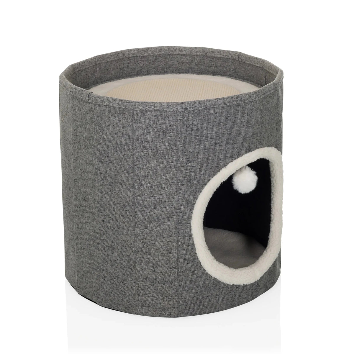 Grotte pour chat PAWY R grise avec un bord blanc doux à l'entrée et une petite balle de jeu de hjh LIVING