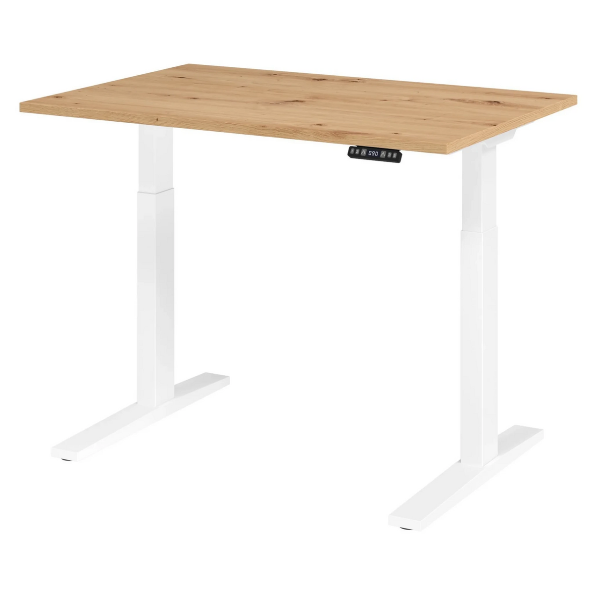 Bureau réglable en hauteur électriquement XMKA 12 W avec plateau en chêne rustique et piètement blanc de hjh OFFICE PRO