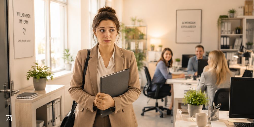 eine Frau ist nervös an ihrem ersten Arbeitstag im Büro und trägt eine Tasche und eine Mappe