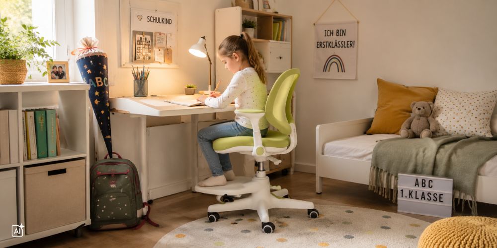 Ein Kind sitzt auf einem Kinderschreibtischstuhl und macht Hausaufgaben