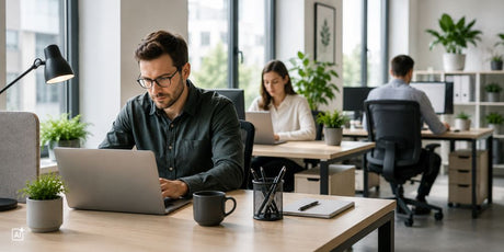 Mann arbeitet konzentriert und effizient im Büro