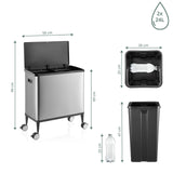 Dessin technique de la poubelle Clean Mobile en argent, 99 x 58 cm, avec deux bacs de 24 litres de hjh OFFICE