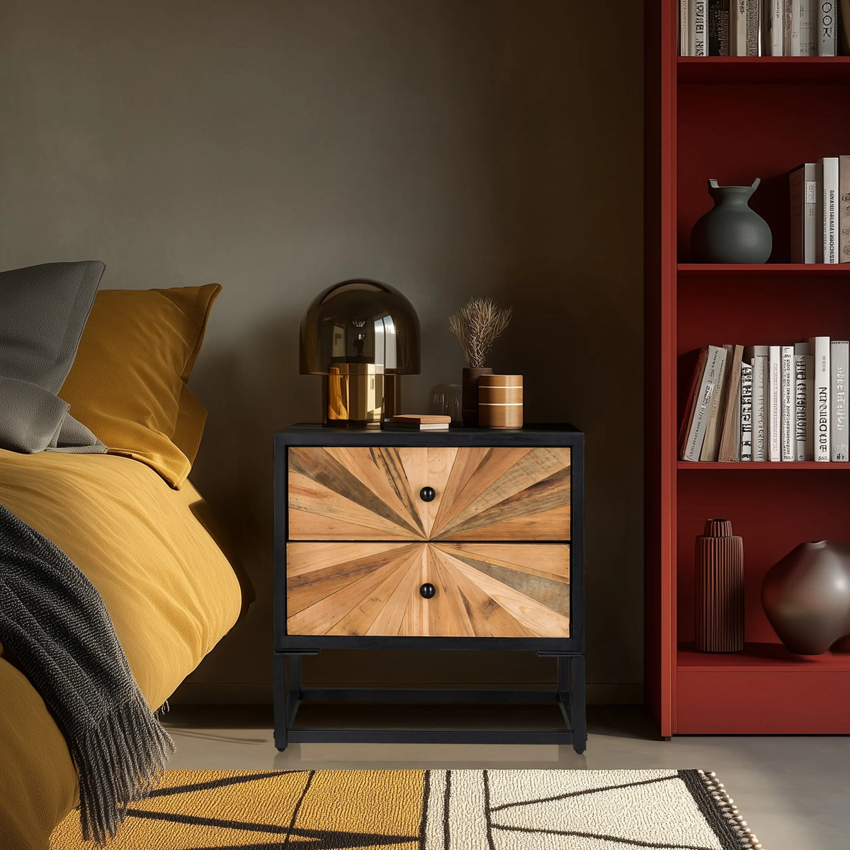 Buffet SANTJAGO BLACK SUN S en bois aux tons foncés avec deux tiroirs et un piètement noir de hjh LIVING