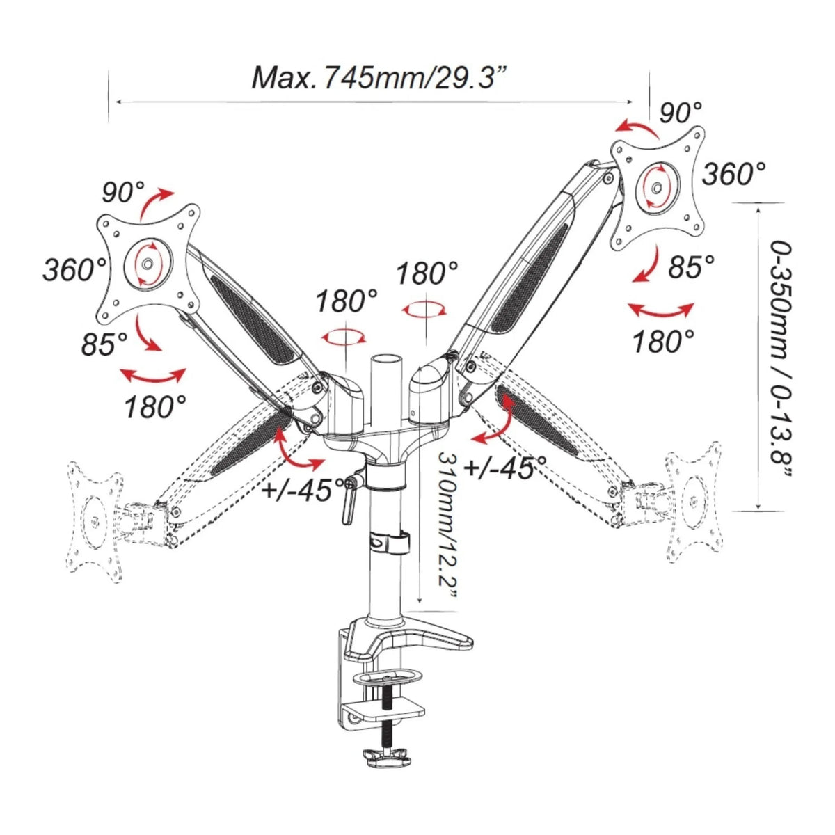 Dessin technique de la Fixation pour écran VM-MG2S avec une largeur maximale de 745 mm de hjh OFFICE