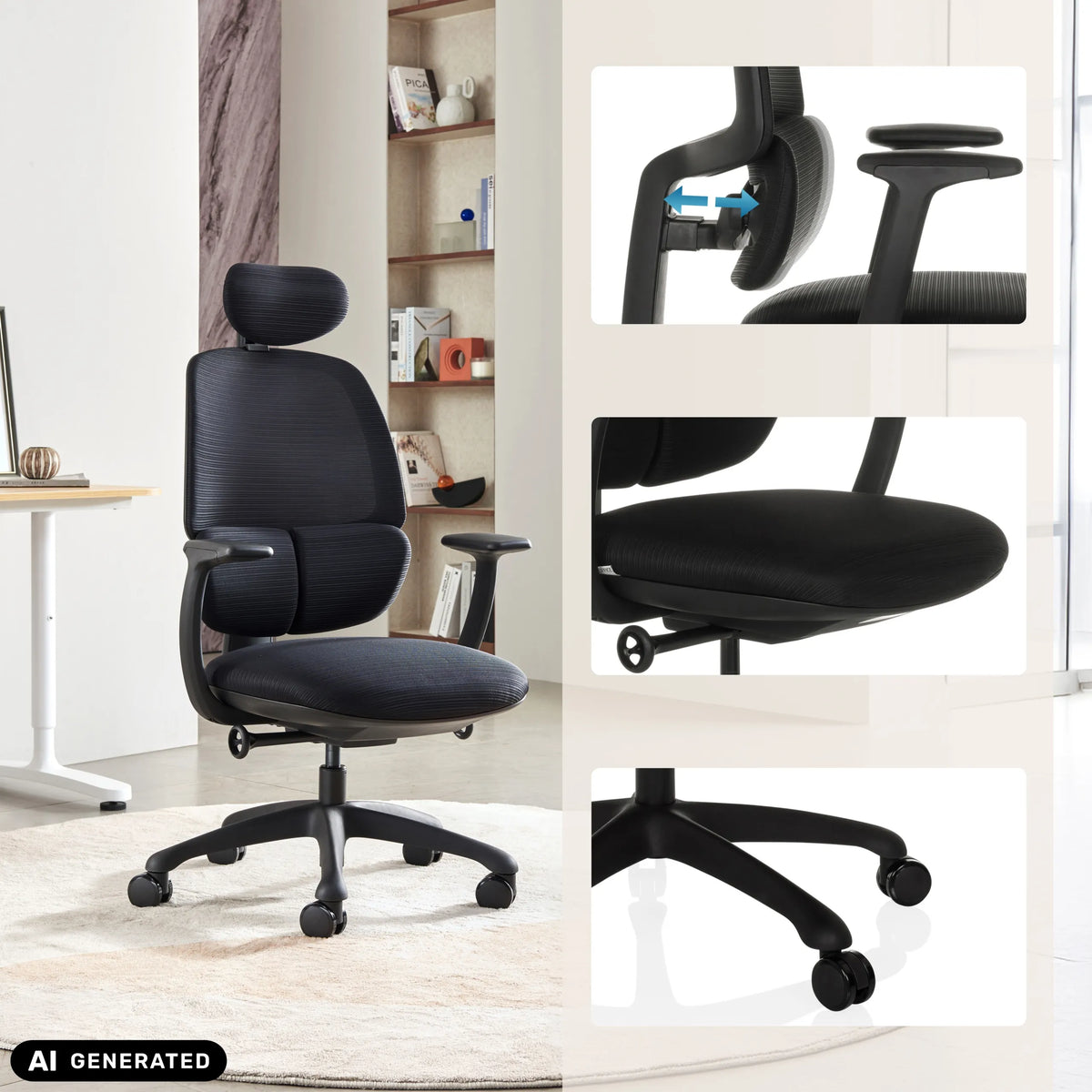 Siège de bureau de qualité professionnelle RI-COVER en noir avec accoudoirs réglables et base à roulettes de hjh OFFICE (image générée par IA)