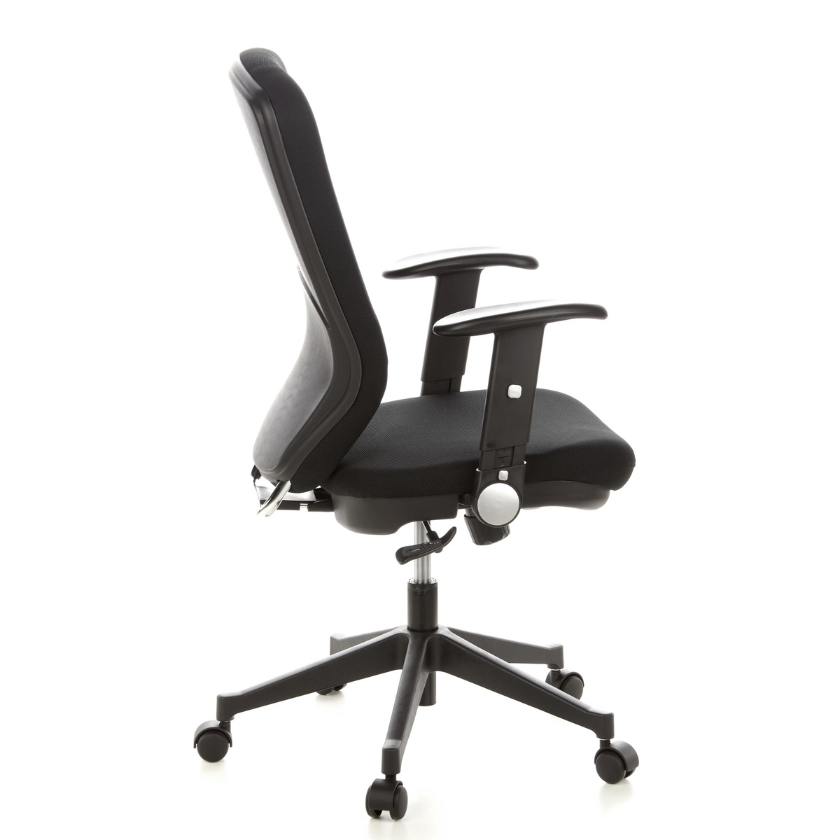 Siège de bureau de qualité professionnelle TRAFFIC 30 noir avec accoudoirs et base à cinq roulettes de hjh OFFICE – vue à 360° (vue de profil 100°)