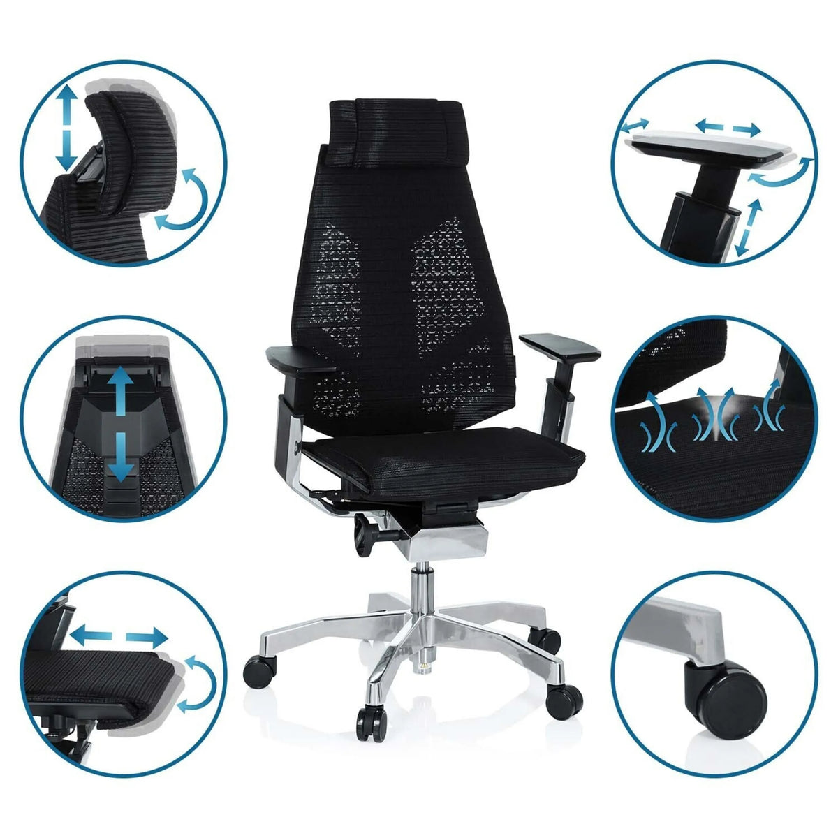 Siège de bureau haut de gamme GENIDIA PRO en noir avec différentes options de réglage de hjh OFFICE