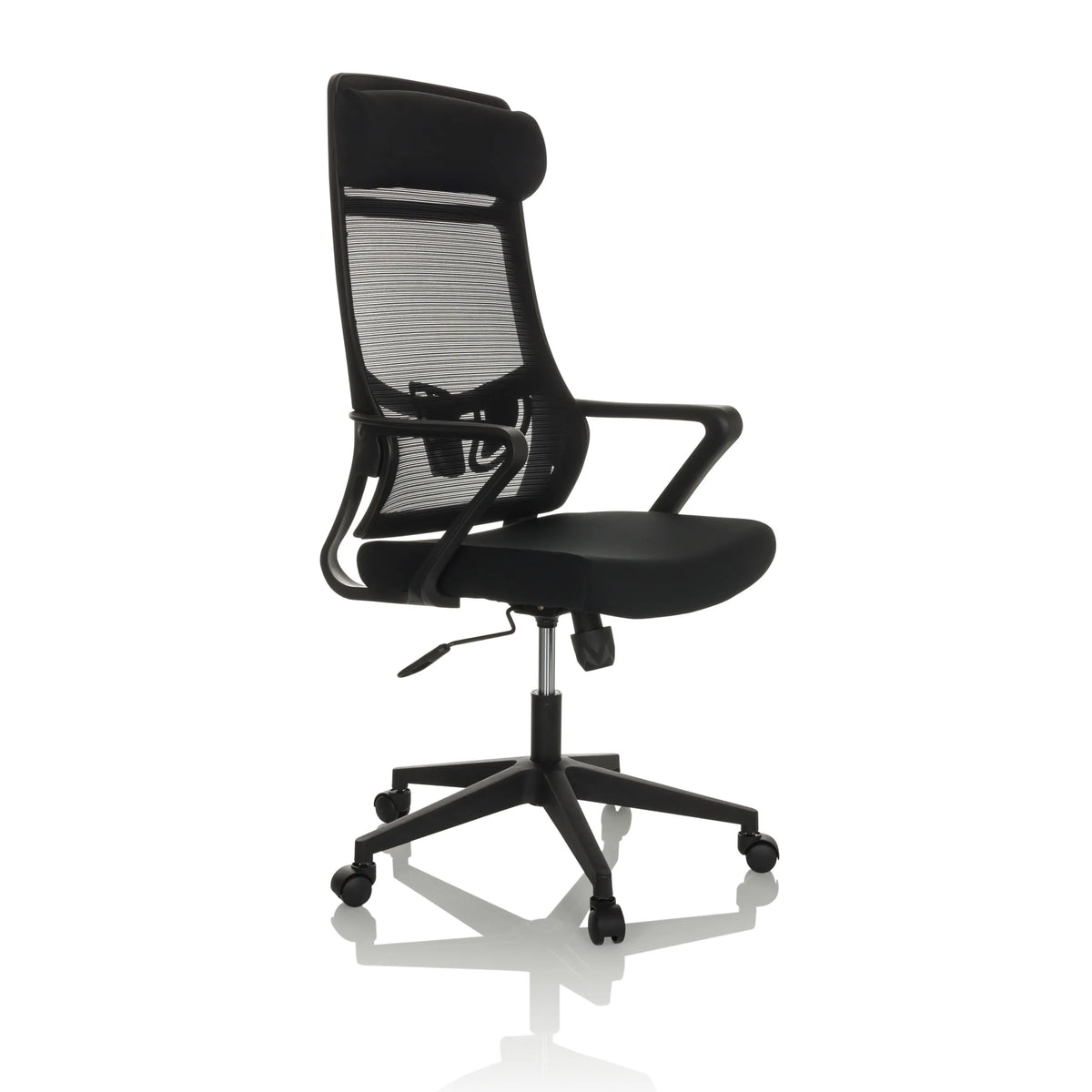 Schwarzer Homeoffice-Bürostuhl NEKEO mit Netzrücken und Fußkreuz mit fünf Rollen von hjh OFFICE – 360-Grad-Ansicht (schräge Frontansicht 45°)