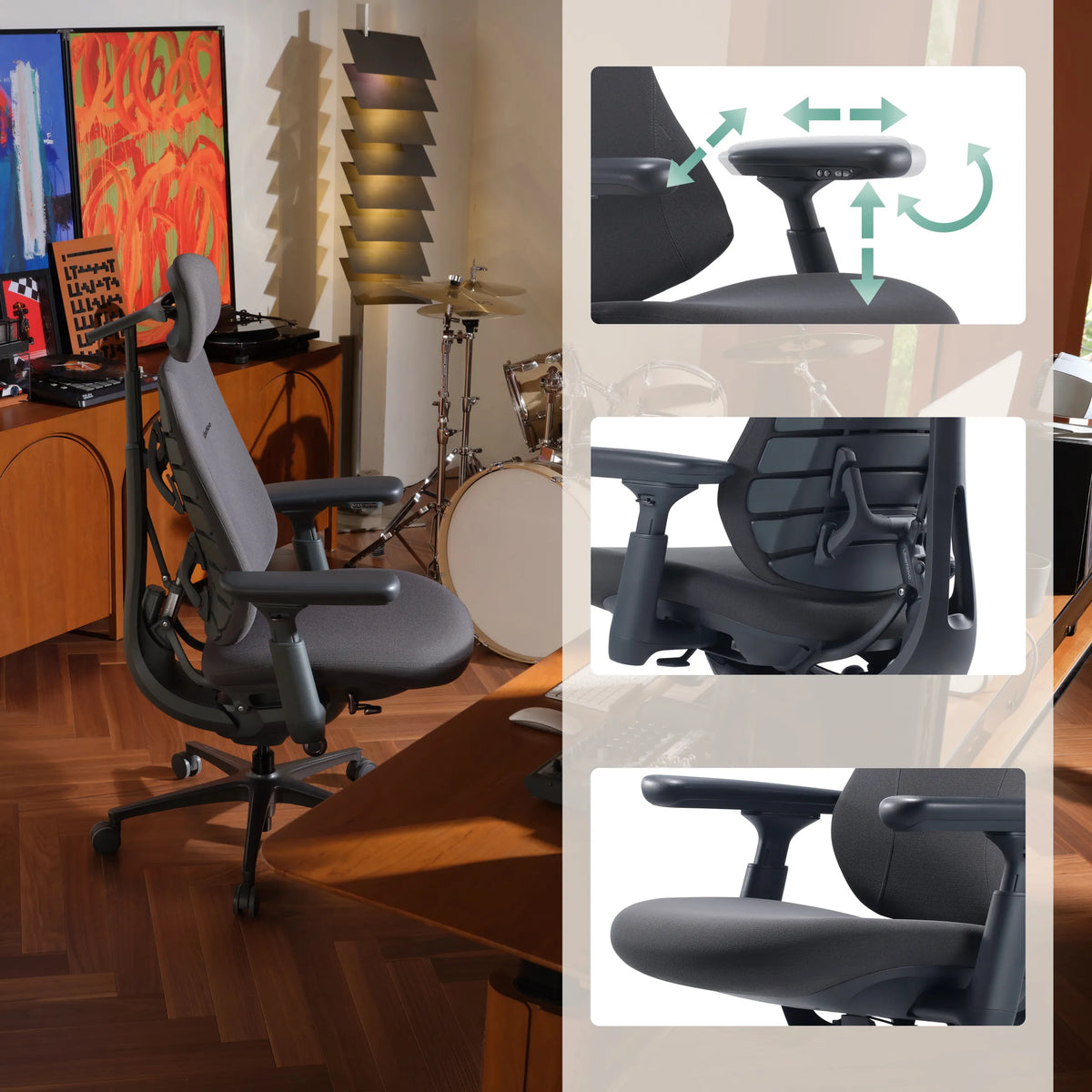 Différentes vues des accoudoirs réglables 4D du fauteuil de bureau LiberNovo Maxis Manual en graphite de Libernovo
