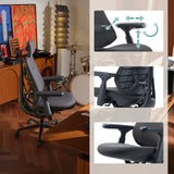 Différentes vues des accoudoirs réglables 4D du fauteuil de bureau LiberNovo Maxis Manual en graphite de Libernovo