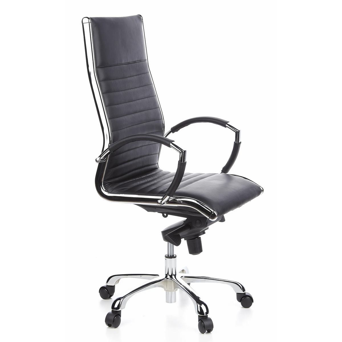 Siège de direction de qualité professionnelle PARMA 20 noir en cuir piqué avec base à cinq roulettes de hjh OFFICE – vue à 360° (vue de trois quarts avant 60°)