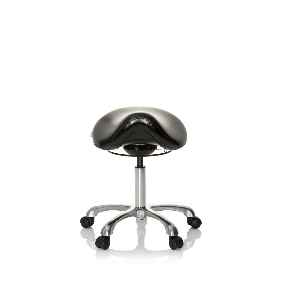 Tabouret de selle ORTHO SIT noir avec repose-pieds en croix et cinq roulettes de hjh OFFICE – vue à 360° (vue de face 0°)