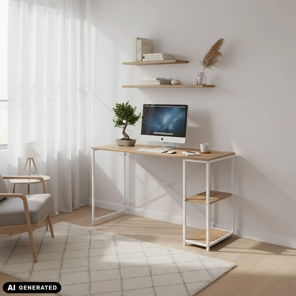 Bureau Easy Up2 en blanc et chêne avec étagère intégrée de hjh LIVING (image générée par IA)