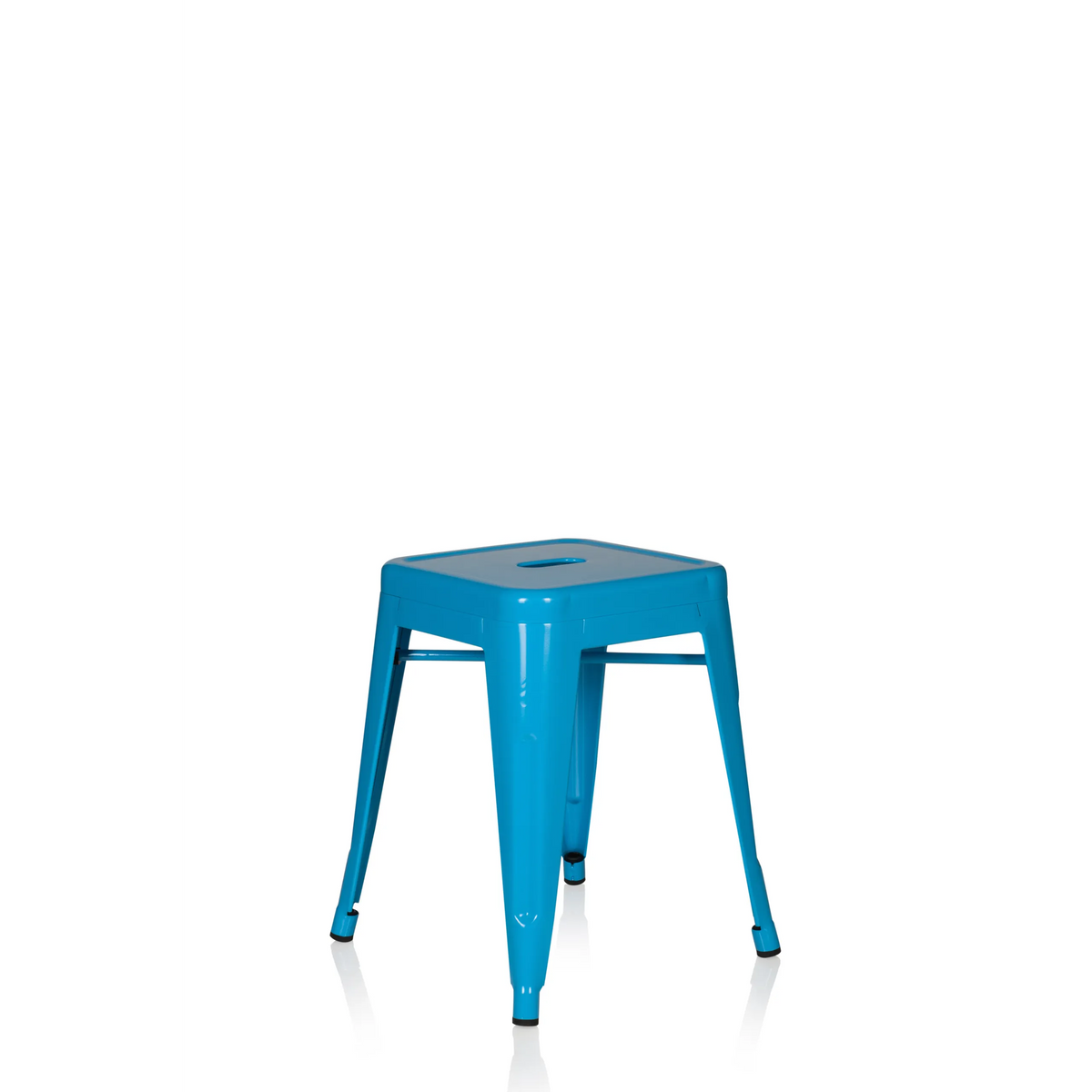 Tabouret de bistrot VANTAGGIO bleu clair avec assise carrée et traverses de hjh OFFICE – vue à 360° (vue de trois quarts avant 40°)